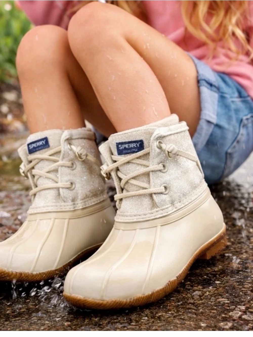 Sperry Kids Cream & Tan Waterproof Duck Boots Euc size 10 little girls